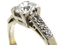 Art Deco 18ct Gold & Platinum, Diamond Solitaire Ring with Diamond Set Shoulders