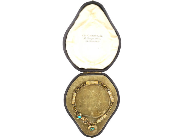 Georgian 15ct Gold & Turquoise Bracelet with Hand Clasp & Heart in Original Case