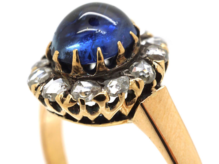 Edwardian 14ct Gold, Cabochon Sapphire & Rose Diamond Oval Cluster Ring