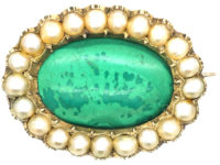 Georgian 9ct Gold, Malachite & Natural Split Pearl Oval Brooch
