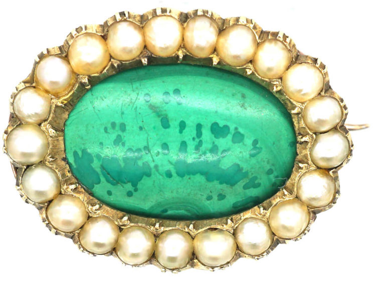 Georgian 9ct Gold, Malachite & Natural Split Pearl Oval Brooch