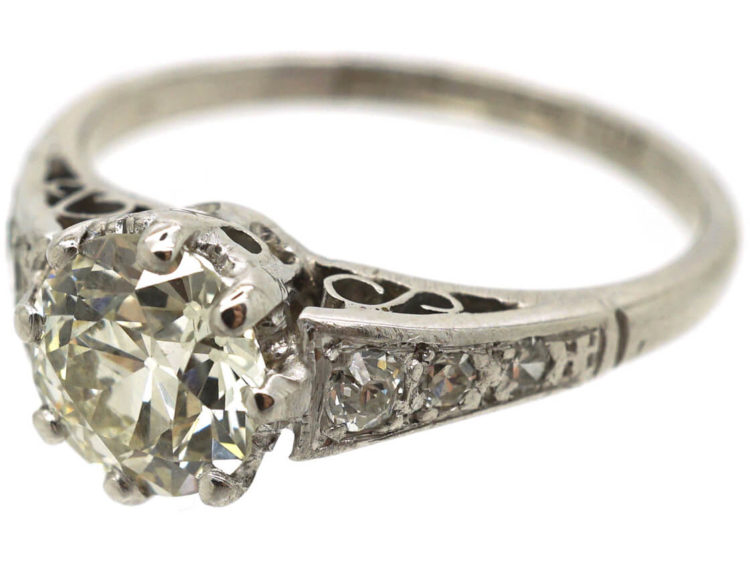 Art Deco Diamond Solitaire Ring with Diamond Set Shoulders