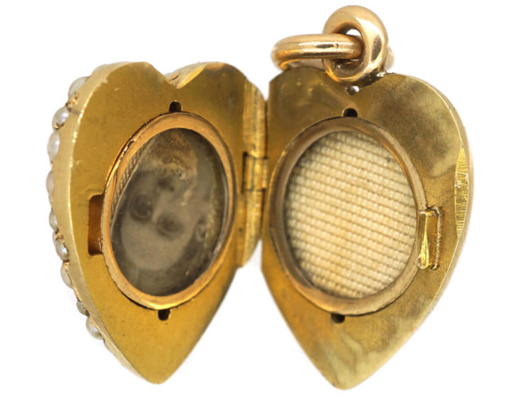Edwardian 15ct Gold Diamond & Natural Split Pearl Pave Set Heart Locket