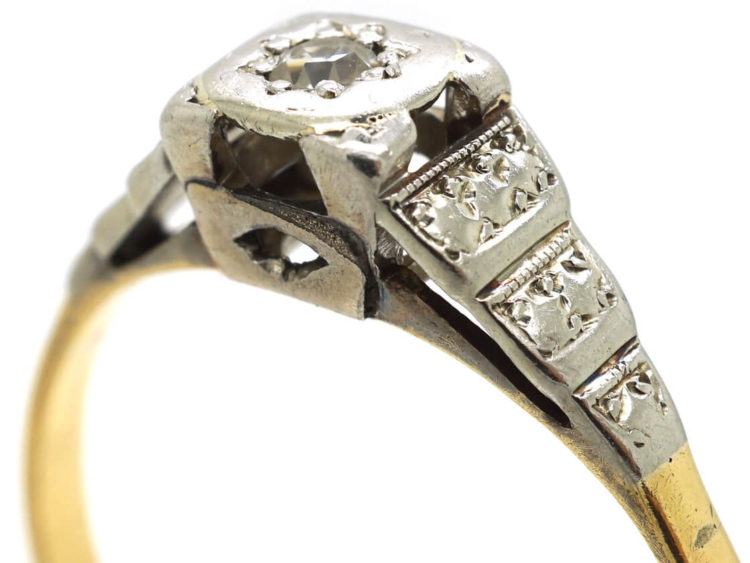 Art Deco 18ct Gold & Platinum Solitaire Diamond Ring with Stepped Shoulders