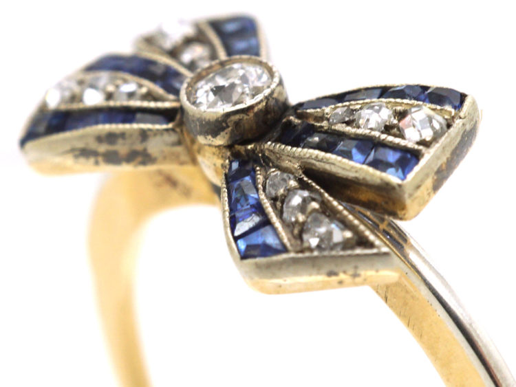 Art Deco 18ct Gold, Sapphire, Diamond & Rose Diamond Bow Ring