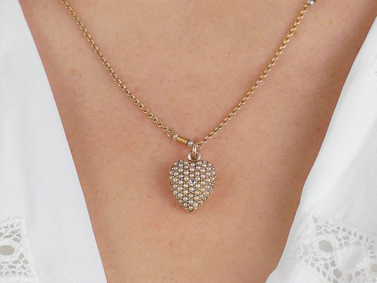 Edwardian 15ct Gold Diamond & Natural Split Pearl Pave Set Heart Locket