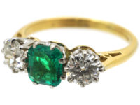 Art Deco 18ct Gold & Platinum, Emerald & Diamond Three Stone Ring