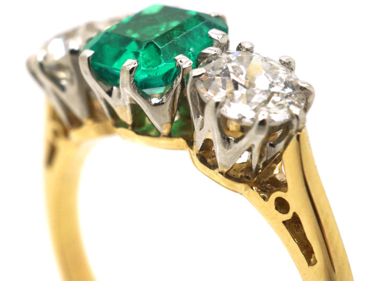Art Deco 18ct Gold & Platinum, Emerald & Diamond Three Stone Ring