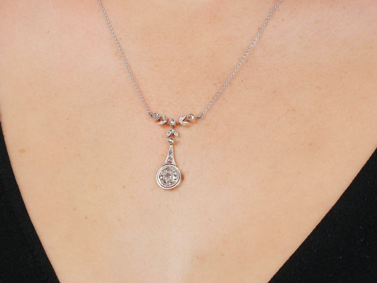 Edwardian 15ct Gold & Platinum Rose Diamond Pendant on Chain