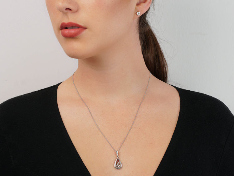 French 18ct White & Yellow Gold Art Deco Diamond Pendant on 18ct White Gold Chain