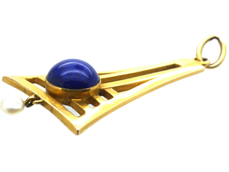 Art Deco 14ct Gold, Lapis Lazuli & Pearl Pendant