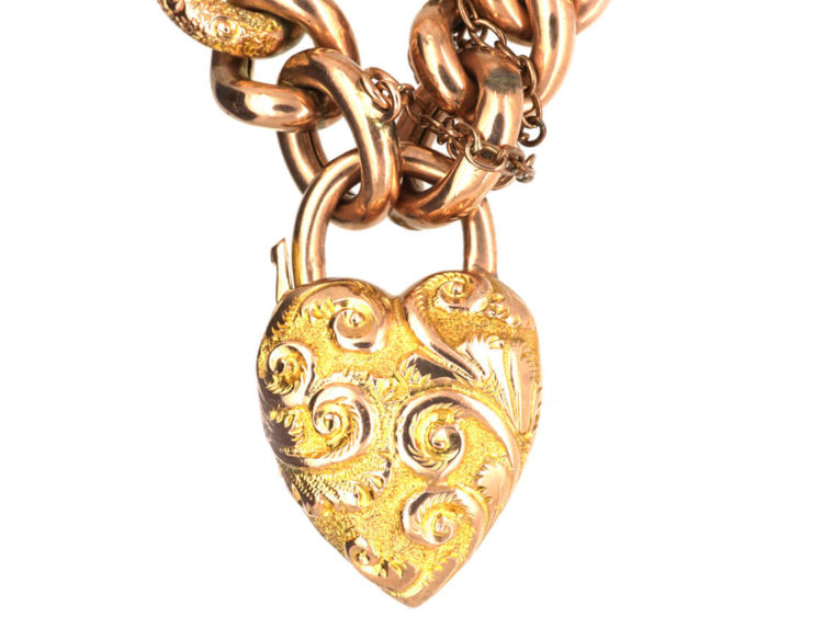 Edwardian 9ct Gold Curb Bracelet with Heart Shaped Padlock