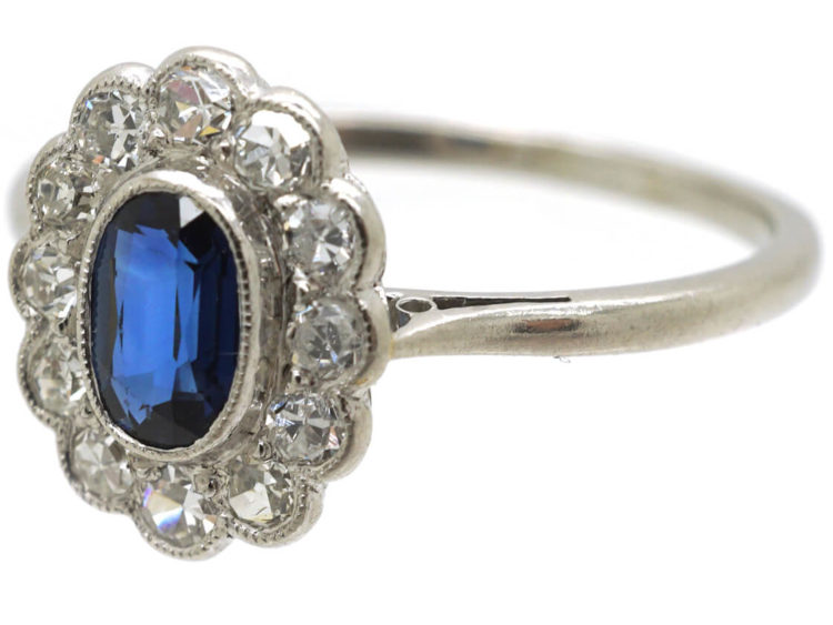 Edwardian Platinum, Sapphire & Diamond Oval Cluster Ring