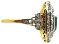 Art Deco 18ct Gold & Platinum, Columbian Emerald & Diamond Rectangular Ring with Diamond Set Shoulders