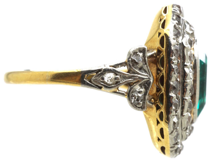 Art Deco 18ct Gold & Platinum, Columbian Emerald & Diamond Rectangular Ring with Diamond Set Shoulders