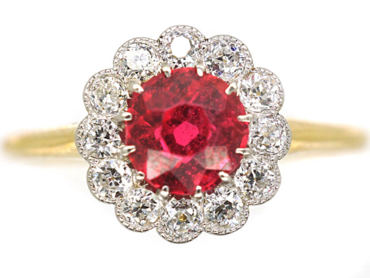 Edwardian 18ct Gold & Platinum, Red Spinel & Diamond Cluster Ring