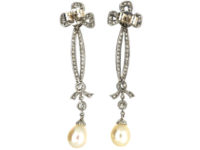 Edwardian Platinum, Diamond & Pearl Drop Earrings with Bow Drops