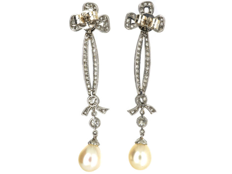 Edwardian Platinum, Diamond & Pearl Drop Earrings with Bow Drops