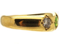 Victorian 18ct Gold, Green Garnet & Diamond Three Stone Gypsy Ring