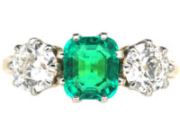 Art Deco 18ct Gold & Platinum, Emerald & Diamond Three Stone Ring