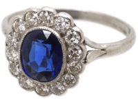Edwardian Platinum, Sapphire & Diamond Oval Cluster Ring