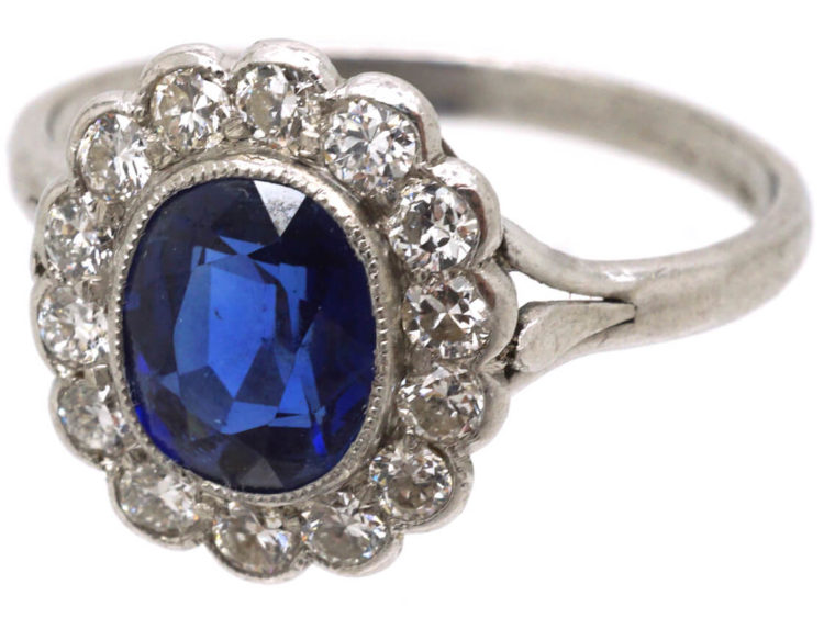 Edwardian Platinum, Sapphire & Diamond Oval Cluster Ring