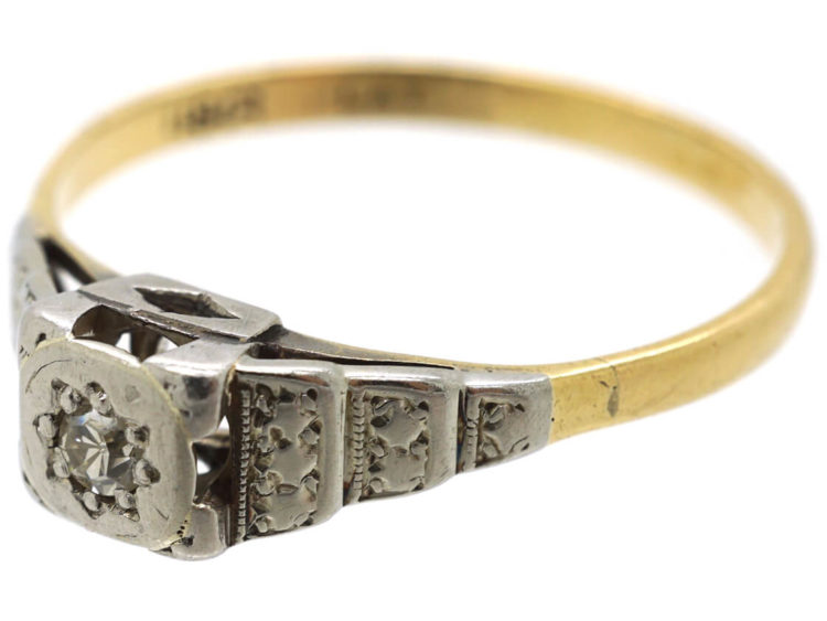 Art Deco 18ct Gold & Platinum Solitaire Diamond Ring with Stepped Shoulders