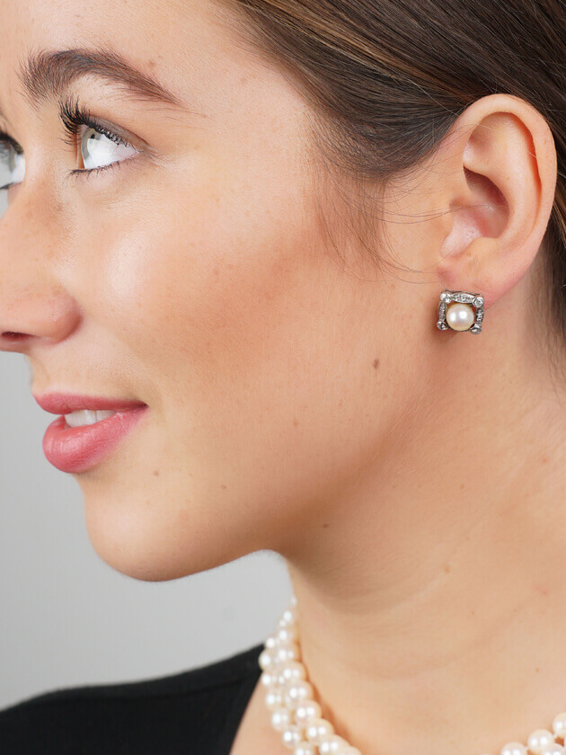 Art Deco 18ct White Gold, Diamond & Pearl Earrings