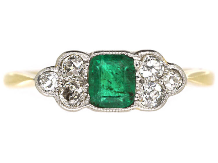 Art Deco 18ct Gold & Platinum, Emerald & Diamond Ring