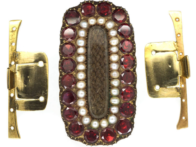 Large Georgian 9ct Gold, Flat Cut Almandine Garnet & Natural Split Pearls Clasp