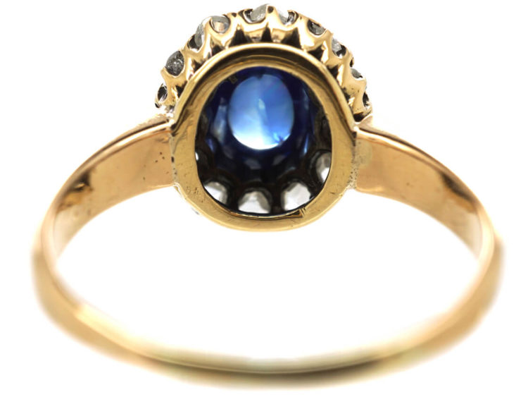 Edwardian 14ct Gold, Cabochon Sapphire & Rose Diamond Oval Cluster Ring