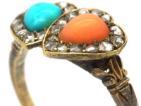 Victorian 18ct Gold Double Heart Ring set with Rose Diamonds, Turquoise & Coral