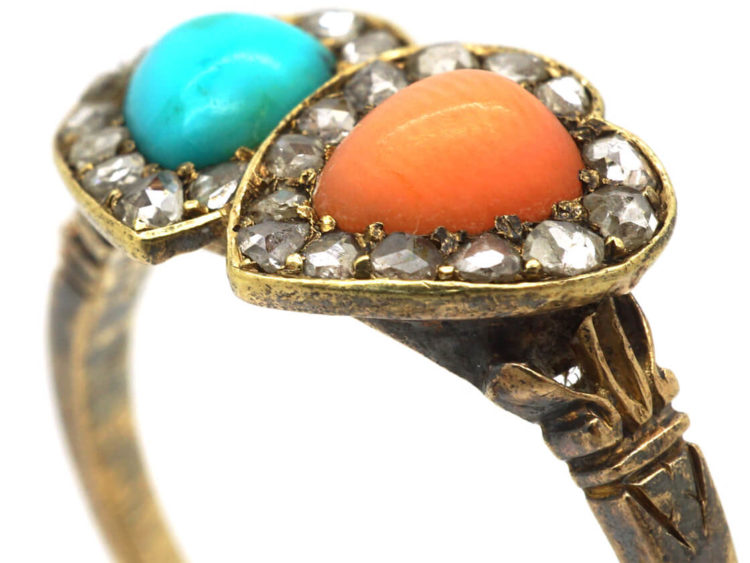 Victorian 18ct Gold Double Heart Ring set with Rose Diamonds, Turquoise & Coral