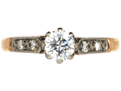 Art Deco 18ct Gold & Platinum, Diamond Solitaire Ring with Diamond Set Shoulders