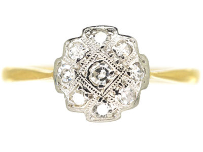 Art Deco 18ct Gold & Platinum, Diamond Criss Cross Design Cluster Ring