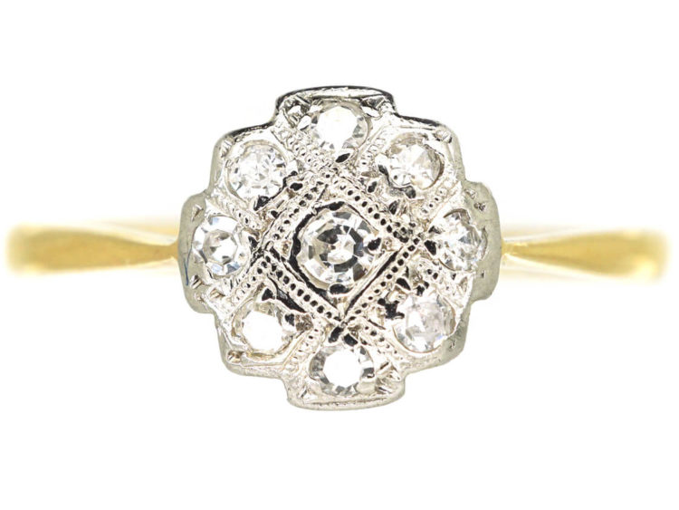 Art Deco 18ct Gold & Platinum, Diamond Criss Cross Design Cluster Ring