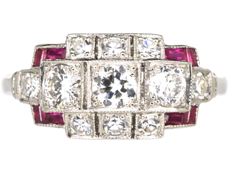 Art Deco Platinum, Ruby & Diamond Geometric Design Ring