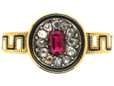 Victorian 18ct Gold, Rose Diamond & Black & White Enamel Ring