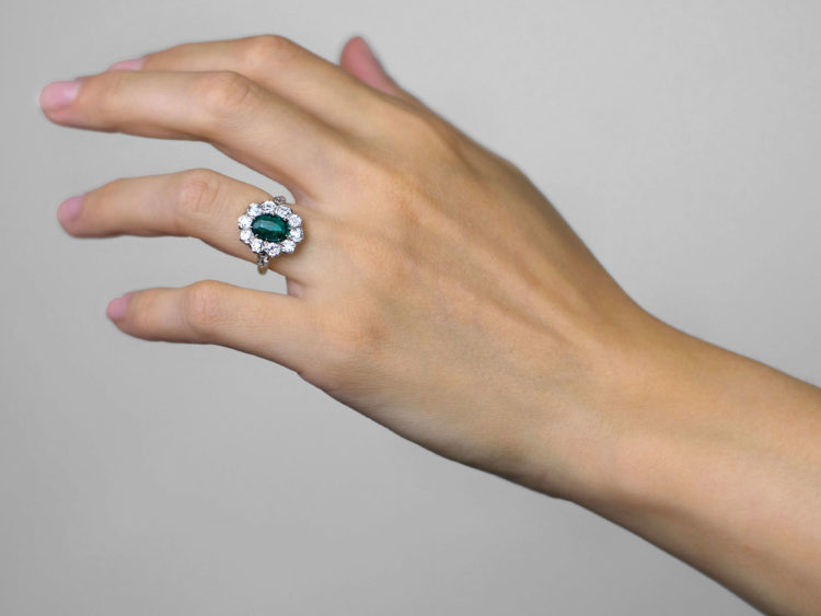 Edwardian 18ct Gold Colombian Emerald & Diamond Cluster Ring