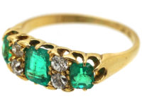 Victorian 18ct Gold, Three Stone Emerald & Diamond Ring