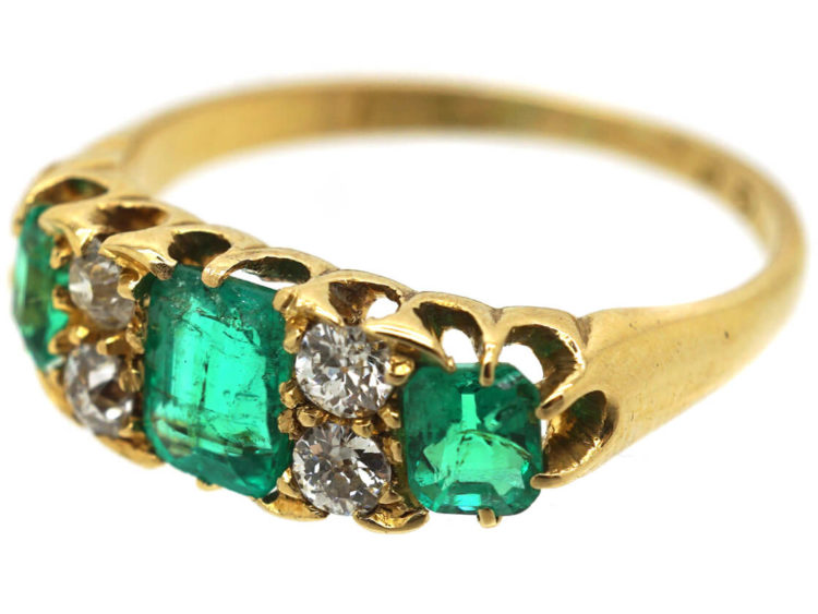 Victorian 18ct Gold, Three Stone Emerald & Diamond Ring