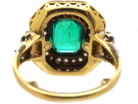 Art Deco 18ct Gold & Platinum, Columbian Emerald & Diamond Rectangular Ring with Diamond Set Shoulders