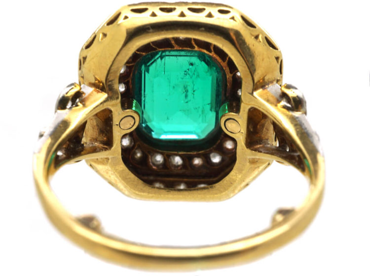 Art Deco 18ct Gold & Platinum, Columbian Emerald & Diamond Rectangular Ring with Diamond Set Shoulders