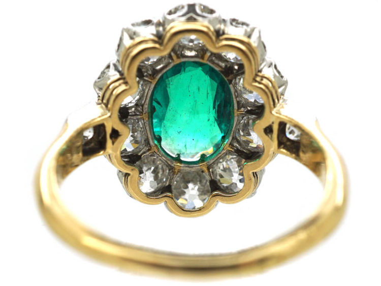Edwardian 18ct Gold Colombian Emerald & Diamond Cluster Ring