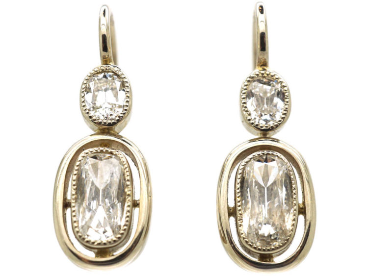 Art Deco 14ct White Gold, Two Stone Diamond Oval Drop Earrings