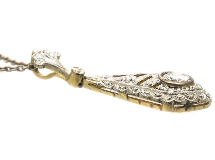 Art Deco 14ct White Gold Diamond Solitaire Pendant on 14ct White Gold Chain