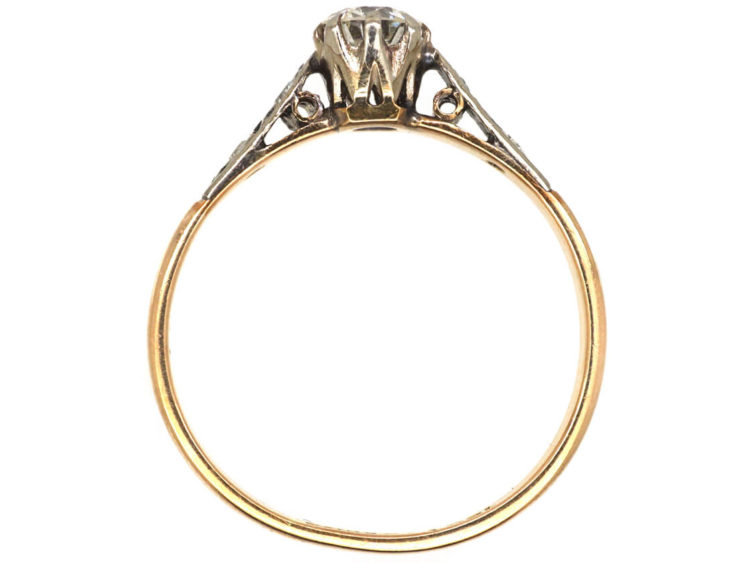 Art Deco 18ct Gold & Platinum, Diamond Solitaire Ring with Diamond Set Shoulders