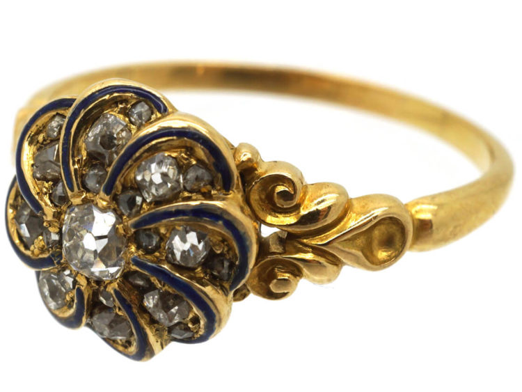 Victorian 18ct Gold, Blue Enamel & Diamond Swirl Ring