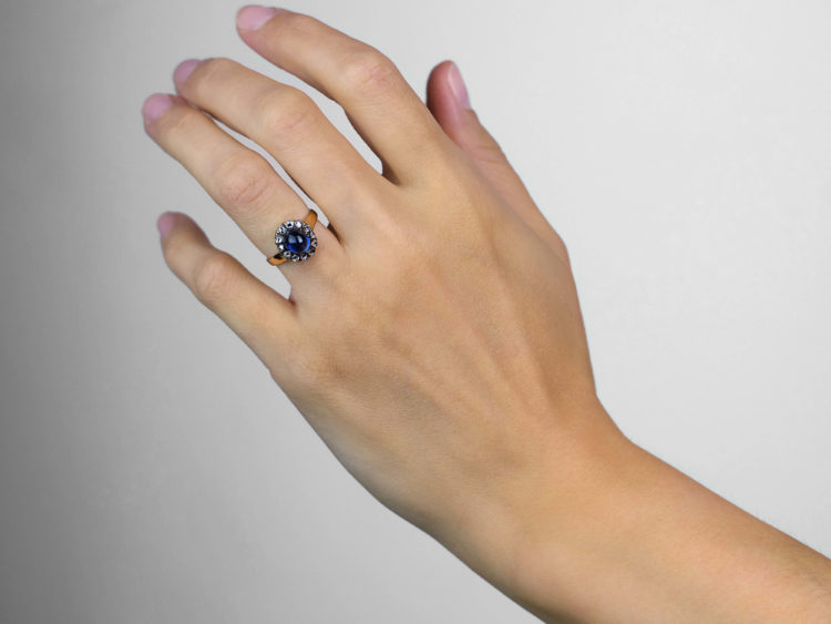 Edwardian 14ct Gold, Cabochon Sapphire & Rose Diamond Oval Cluster Ring