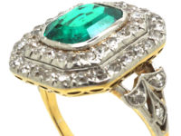 Art Deco 18ct Gold & Platinum, Columbian Emerald & Diamond Rectangular Ring with Diamond Set Shoulders